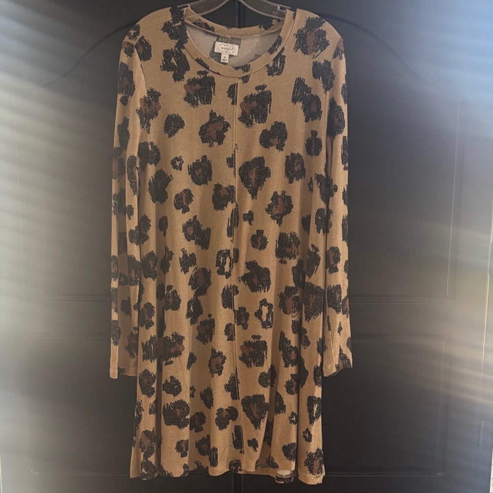 Mud Pie Tan and Black Leopard Print Long Sleeve Dress